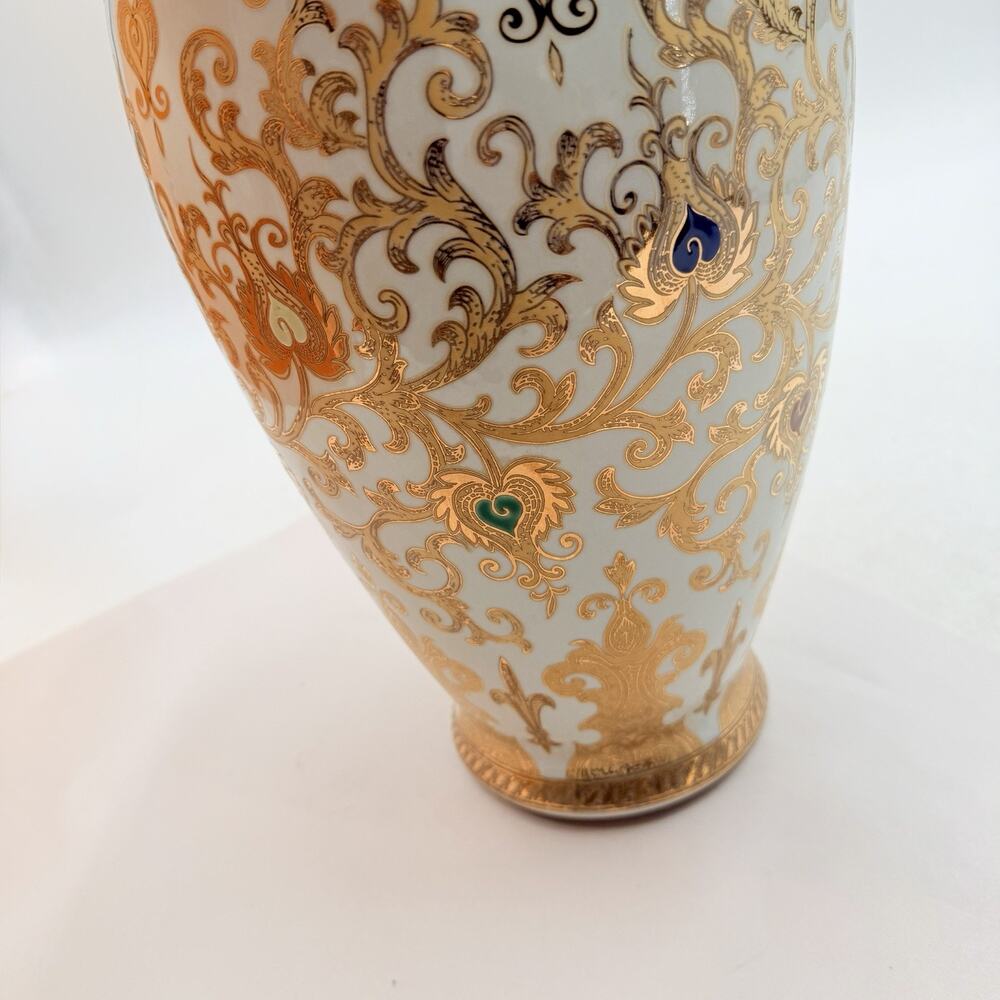 Arabesque White with Enameled Gold Flowers & Scrolls Ceramic Vase 14.5" Tall - Picture 6 of 10